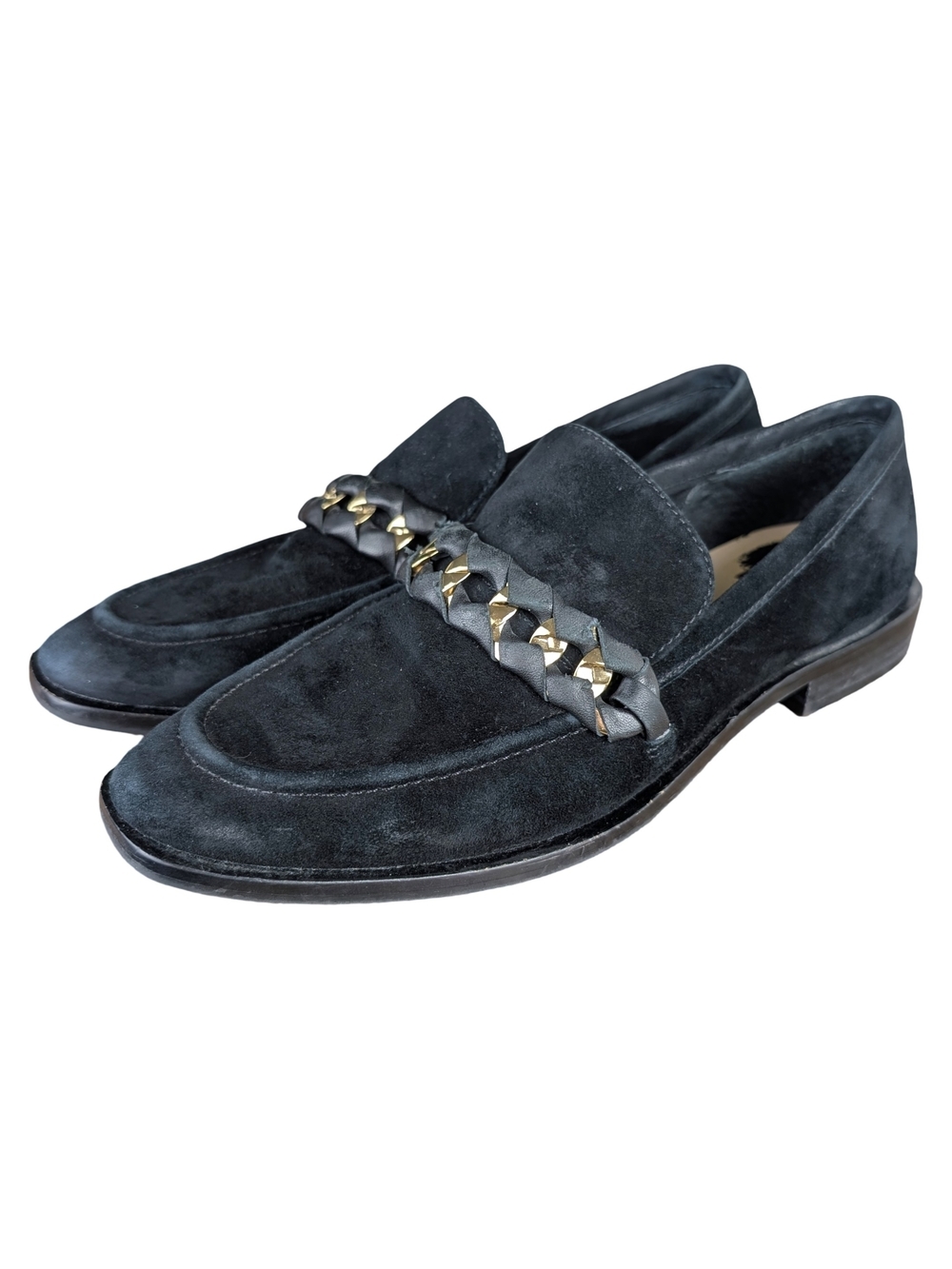 Dolce Vita Sallie Black Chain Detail Suede Loafers Flats Size 9 Preppy Academia